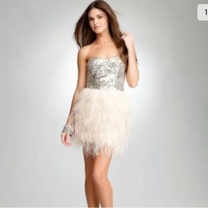 Bebe feather sequin dress ivory/champagne small